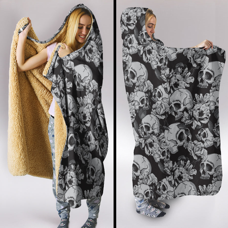 Grey Flower Skull Hooded Blanket