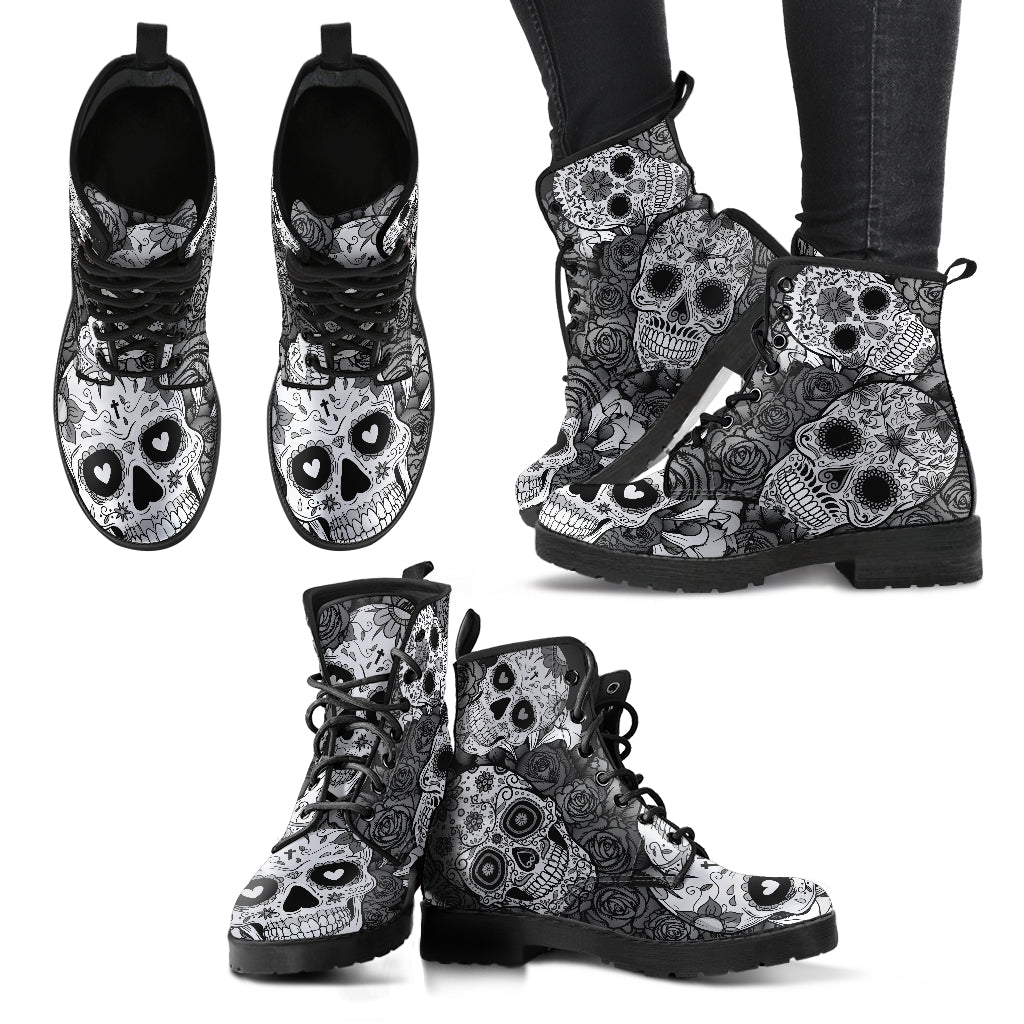 Sugar Skull Black & White Women's Leather Boots