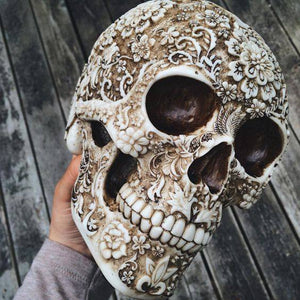 White and Light Brown Colored Floral Human Skull Figurine