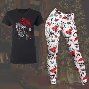 Gothic Christmas Skull Outfit Pull Up Leggings And Shirt for Women 