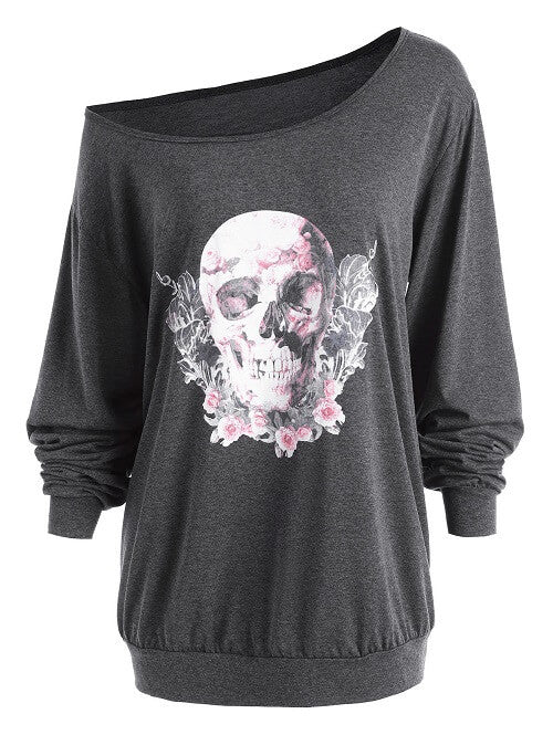 Grey Floral Skulls & Roses Pullover