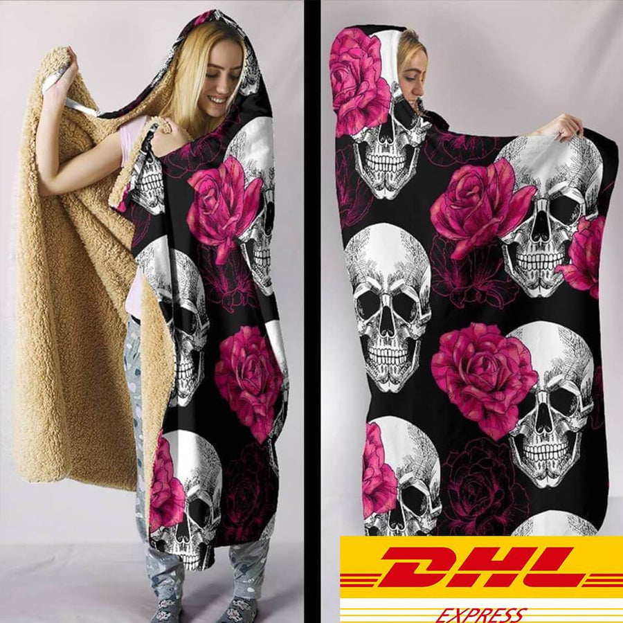 Pink Flower Skull Hooded Blanket