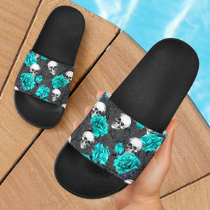 Turquoise Floral Skull Slide Sandals